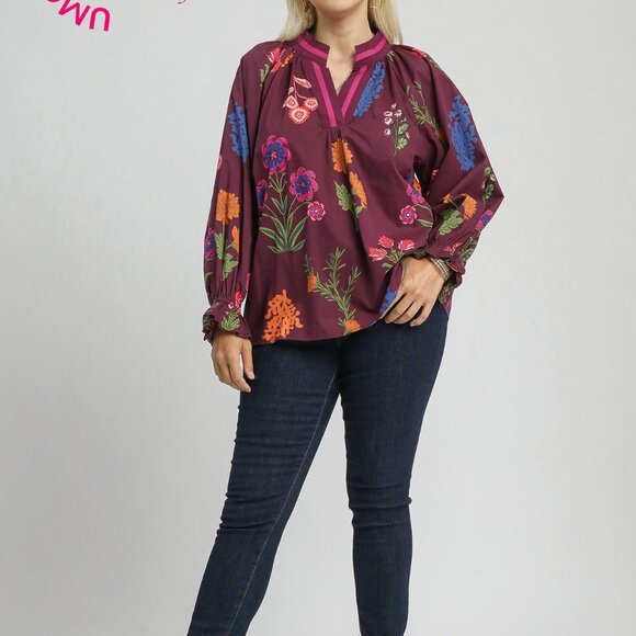 UMGEE Floral Print V Neck Open Collar Top (New) -Burgundy Mix - Picture 6 of 7